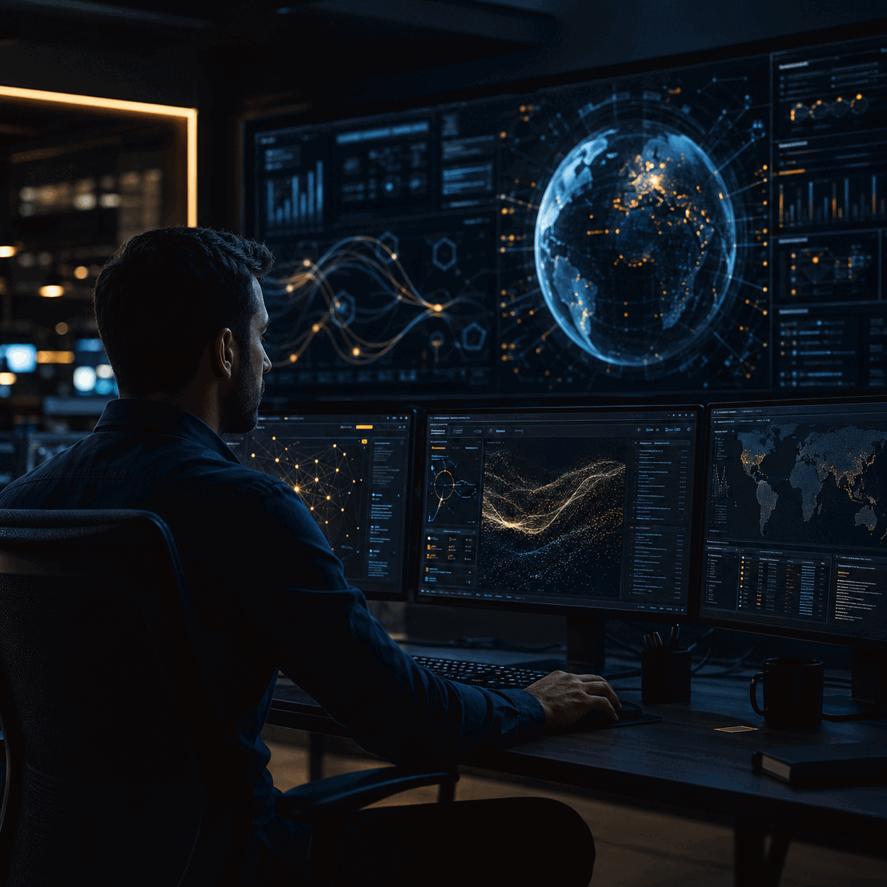 Premium cyber security operations room with glowing monitors, hardware and AI-driven dashboards