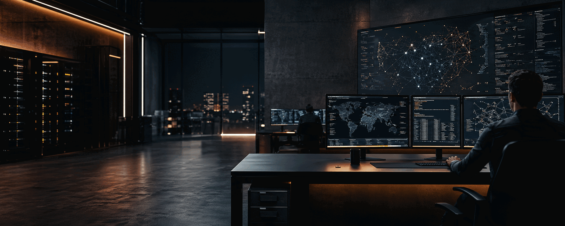 Dark collaborative technology workspace with laptops and AI-enabled security systems